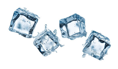 Four ice cubes float in the air isolated from white or transparent background