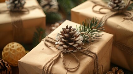 Photo of a simply wrapped gift with brown paper and a sprig of evergreen tied with twine, creating a rustic and eco-friendly presentation.