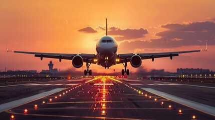 An Airplane Taking Off from the Runway at Sunset, Symbolizing Travel and Business Travel in an Air Transport Background