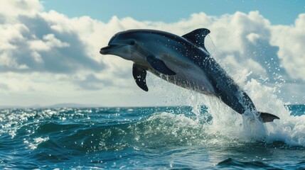 Fototapeta premium A dolphin is jumping out of the water. Concept of freedom and joy as the dolphin leaps into the air