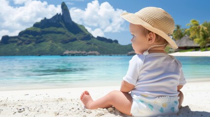 Photo of a baby sitting on a sandy beach, wearing a sunhat, looking out at a tropical island and turquoise water.