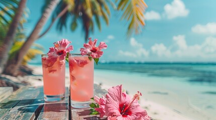 Photo of two pink hibiscus cocktails on a tropical beach with palm trees and ocean in the background. The image captures a relaxing summer vibe with blue skies and clear water.