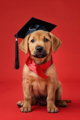 A small brown dog is wearing a black graduation cap and a red ribbon