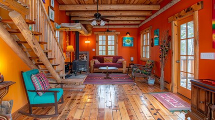 Photo of a rustic cabin living room with vibrant orange walls, wooden beams, cozy furniture, and colorful decor.