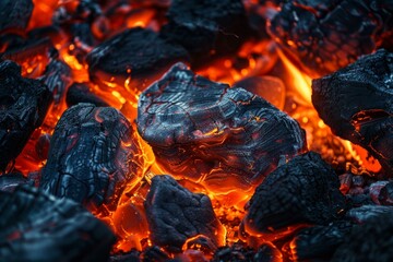 Highdetail image capturing the intense glow of fiery embers and textured charcoal