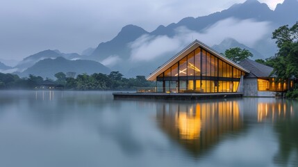 Fototapeta premium Photo of a futuristic building with large glass windows reflecting on a serene lake, set against majestic, misty mountains under a clear sky.