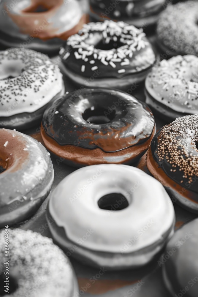 Poster a row of donuts with chocolate and white frosting. the donuts are arranged in a row and are of diffe