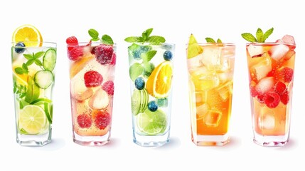 A row of five different colored drinks with fruit garnishes. The drinks are in tall glasses and are...