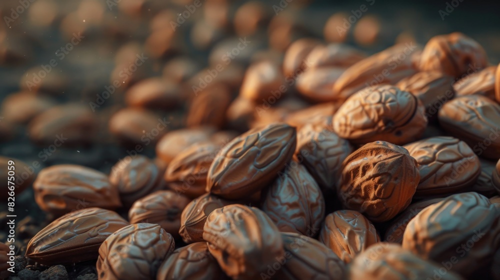 Poster a close up of a pile of nuts, with some of them being almonds. the nuts are scattered all over the g