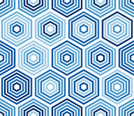 Geometric shapes background. Hexagon stacked mosaic background. Blue color tones. Large hexagons. Tileable pattern. Seamless vector illustration.