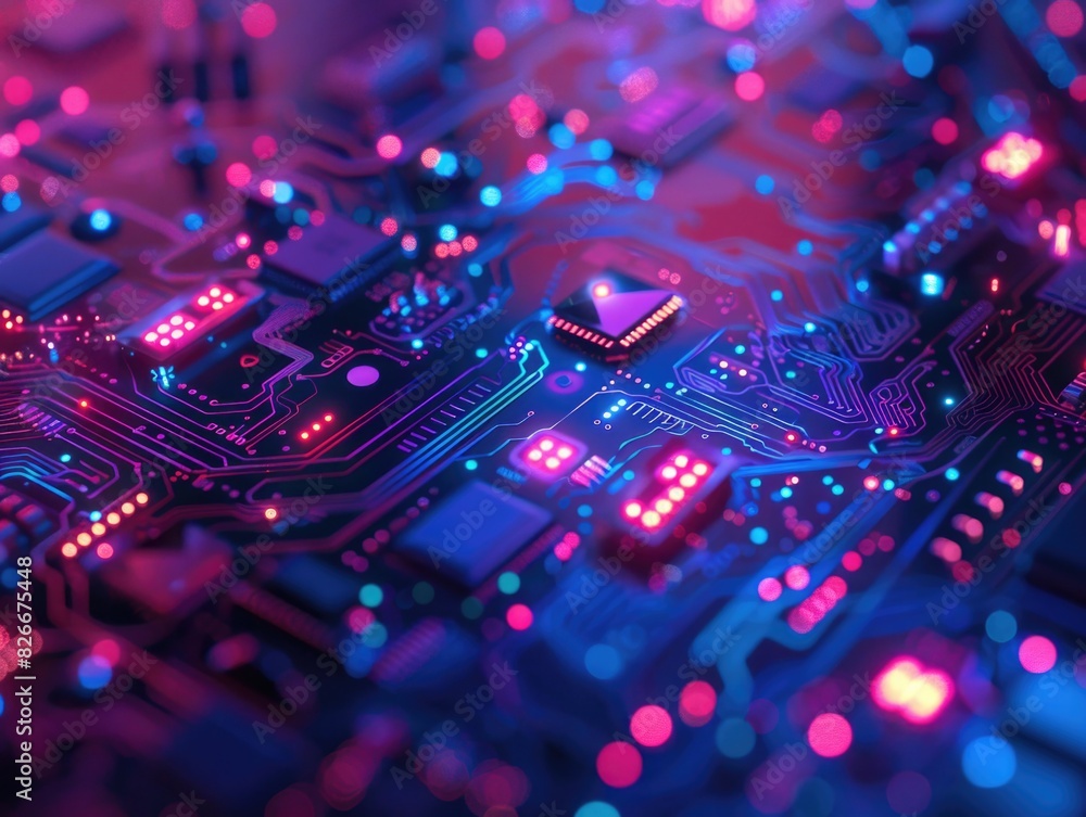 Aufkleber a computer chip with a blue background. the chip is made up of many small squares and is lit up with
