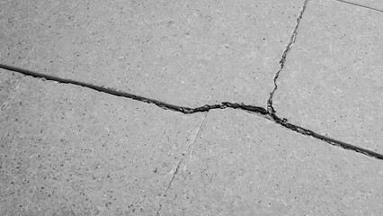 Obraz premium Big winding branched crack on gray concrete floor. Thin crack, aftermath of earthquake. Copy space. Horizontal black and white photo. Selective focus. Copy space.