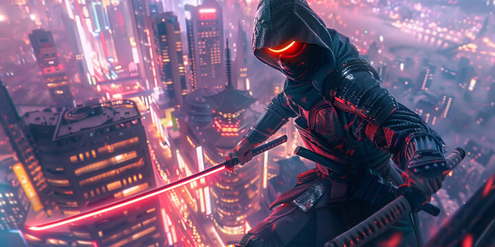 A cyber ninja in a futuristic cityscape neon digital lines tracing the edges of his sleek armor poised on a rooftop with a glowing katana ready to leap into the night