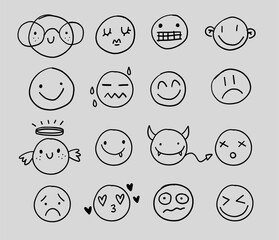 Cute smiles faces hand drawn doodle  winking crying happy sad emotion character. 