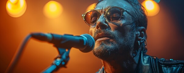 A handsome rock singer commands the stage with a magnetic presence, holding a microphone under the spotlight's vivid clarity.