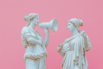 Two marble statues interacting with a megaphone against a pink background in daylight