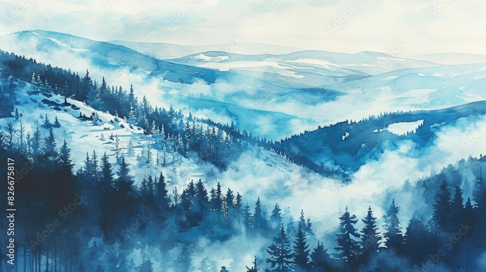 Poster a painting of a mountain range with a blue sky and a misty atmosphere. the trees are tall and spread