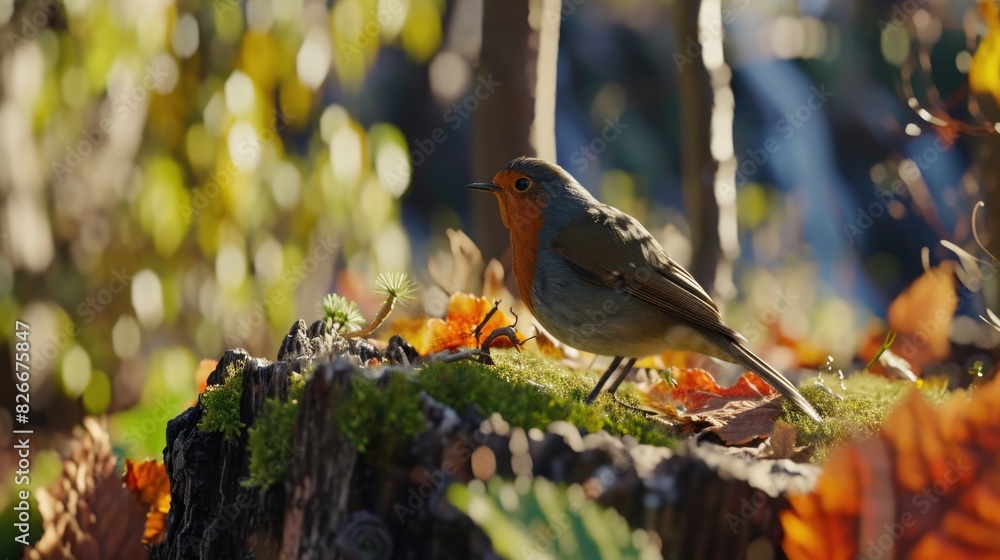 Poster a bird is perched on a mossy log in a forest. the bird is a robin, and it is surrounded by fallen le