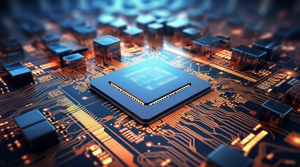 Modern circuit board technology background with central computer processors and digital motherboard chip

