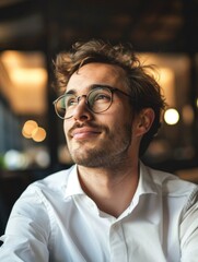 Obraz premium A man wearing glasses and a white shirt is smiling. He is looking at the camera. Concept of happiness and contentment