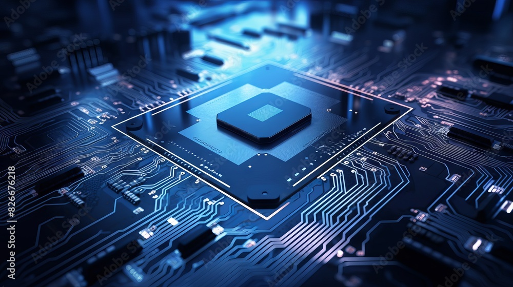 Poster modern circuit board technology background with central computer processors and digital motherboard 