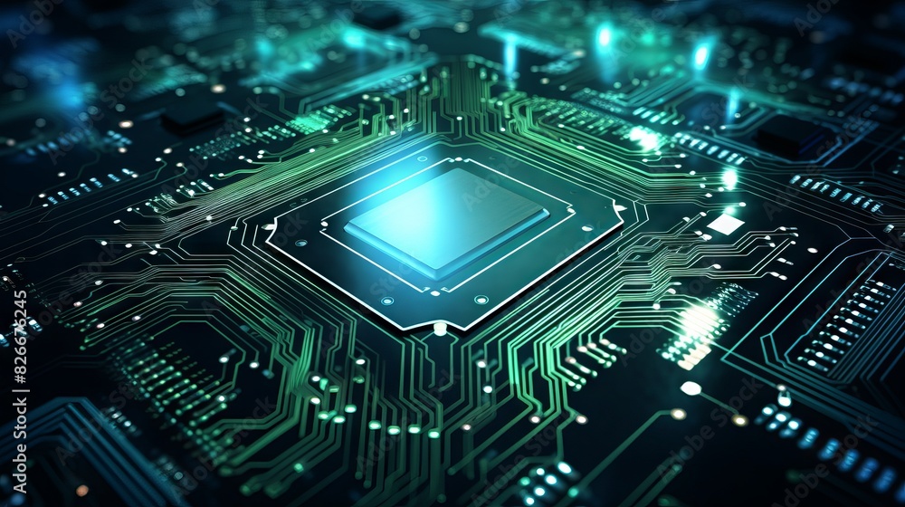 Poster modern circuit board technology background with central computer processors and digital motherboard 
