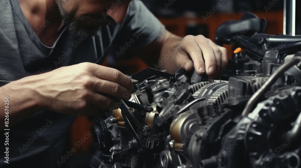 Poster a man is working on a car engine. he is using a pair of pliers to remove a bolt