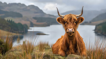 Highland Cow Grazing in a Lush Green Field in Scotland