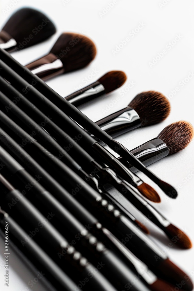 Poster a row of black makeup brushes are lined up on a white background. the brushes vary in size and shape