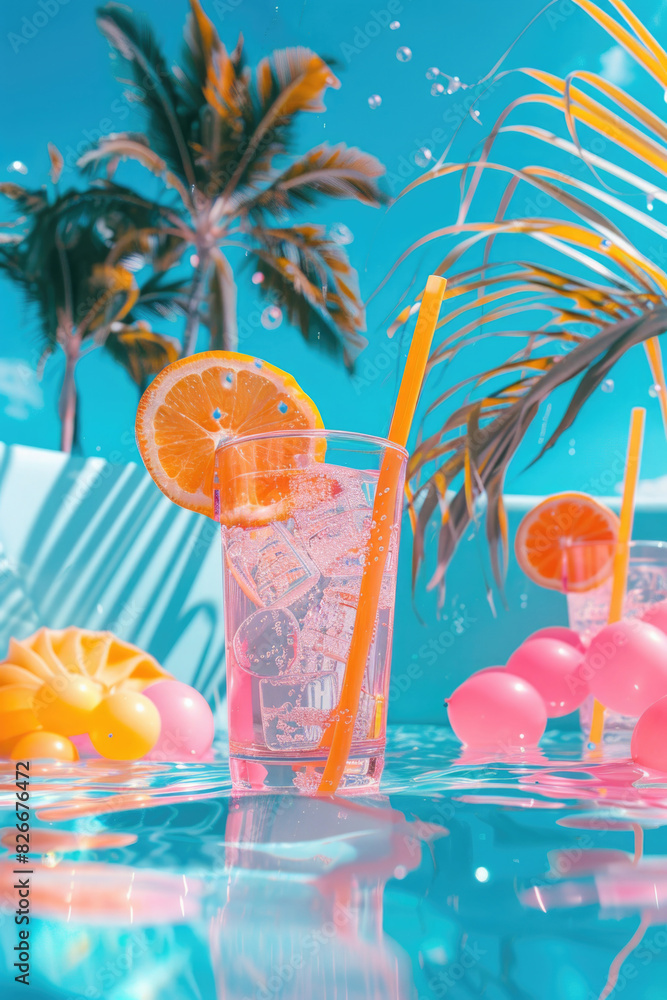 Poster a glass of water with a straw and an orange slice in it. the glass is in a pool with palm trees in t
