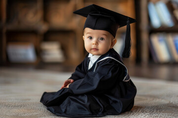 Baby in a graduation cap and gown sitting on the floor with a bookshelf in the background, looking curious and adorable