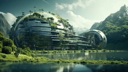 Innovative green technology solution for sustainable energy in urban environments featuring solar panels and wind turbines

