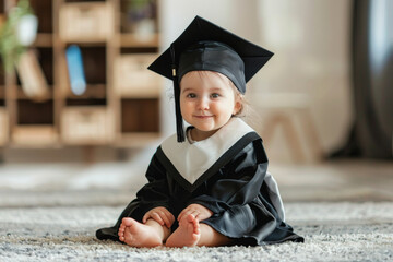 Baby girl in a graduation cap and gown sitting on a rug with a bookshelf in the background, looking cute and proud