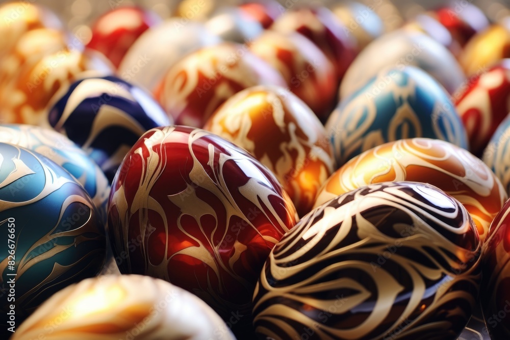 Poster a bunch of colorful eggs with designs on them. the eggs are arranged in a row and are of different s
