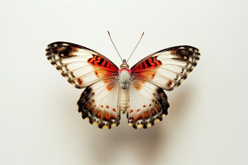 A butterfly with red and white wings is on display