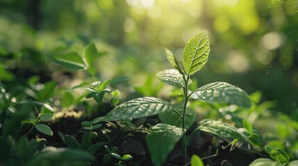 A leafy green plant is growing in a lush green field. The plant is small and has a bright green color. The field is full of other plants, creating a vibrant and healthy environment