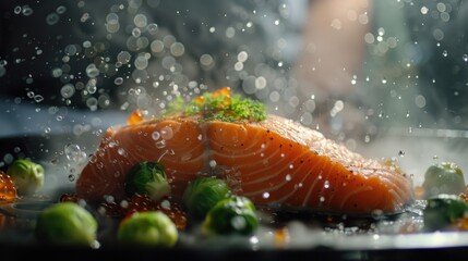 A piece of salmon is sitting on a plate with some broccoli and a sprinkle of salt. The salmon is...