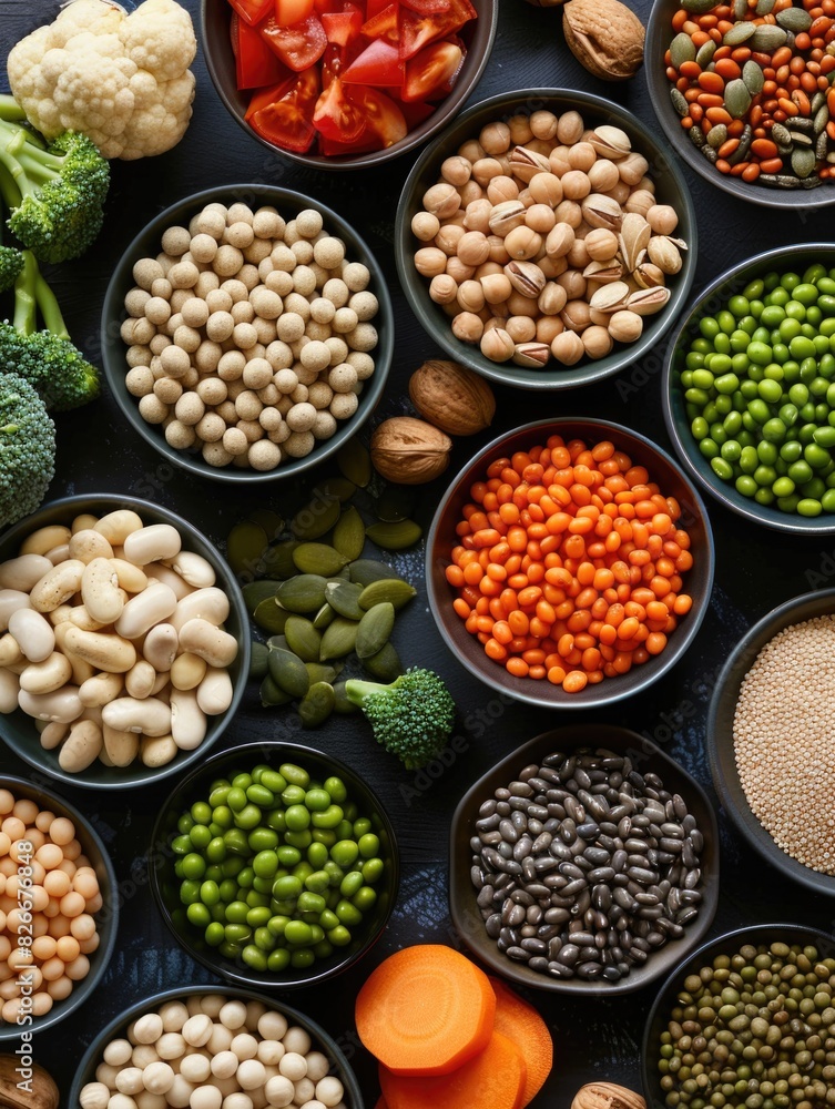 Poster a variety of colorful vegetables and nuts are displayed in bowls on a table. the bowls are arranged 