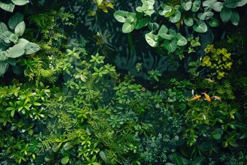 A lush green plant with a pond in the middle. The pond is filled with plants and fish