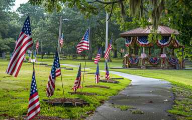 A tranquil park with American flags placed along a pathway, leading to a decorated gazebo.