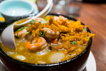 Seafood bowl with deep fried egg