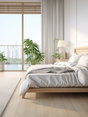 A bedroom with a large window and a white bed with a white comforter. The room has a modern and clean look