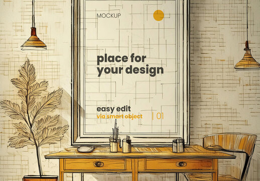 Architecture Sketch Drawing Poster Frame Mockup 04 Generative Ai