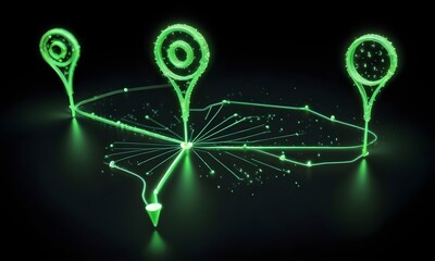 A glowing green abstract shape resembling a map pin o