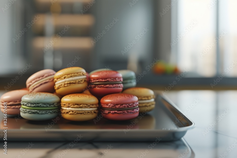 Aufkleber a tray of assorted colored macarons sits on a counter. the macarons are arranged in a pyramid shape,