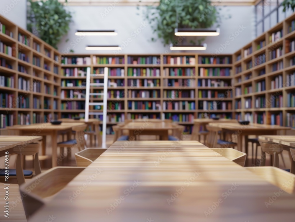 Poster a library with a lot of books and tables. the tables are empty and the chairs are lined up