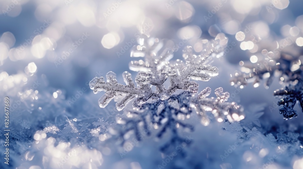Poster a snowflake is on top of a snow covered ground. the snowflake is surrounded by a blurry background