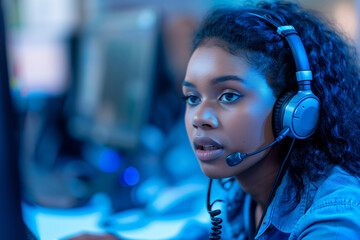 closeup portrait of an African American woman with headphones on, working at her desk in front of a computer screen. She is actively assisting clients over the phone as a call cent