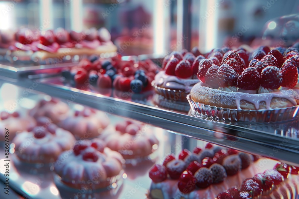 Aufkleber a display case full of pastries with strawberries on top. the pastries are arranged in rows and are 