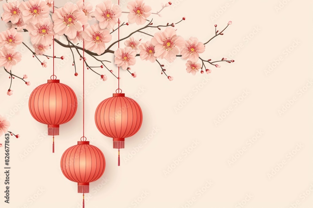 Poster a pink background with three red lanterns hanging from a tree branch. the lanterns are hanging at di